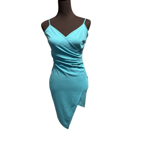 Emerald Sundae Teal Faux Wrap Aymmetrical Hem Mini Dress, Size Medium, Dance - Picture 1 of 5